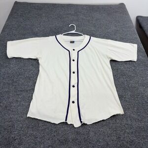 Vintage Sun Jersey Mens L Cream Cotton Button Up Baseball Raw Hem Sportswear